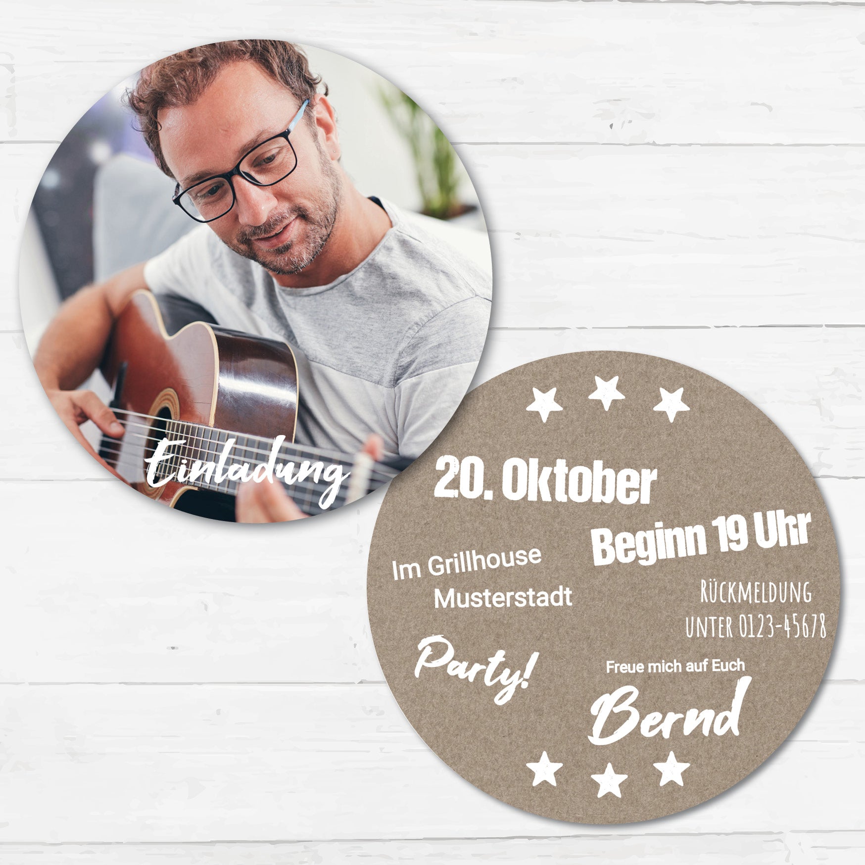 Bierdeckel Einladung – Runde Einladungskarten mit Foto | Rustikale Geburtstagseinladung Bierdeckel